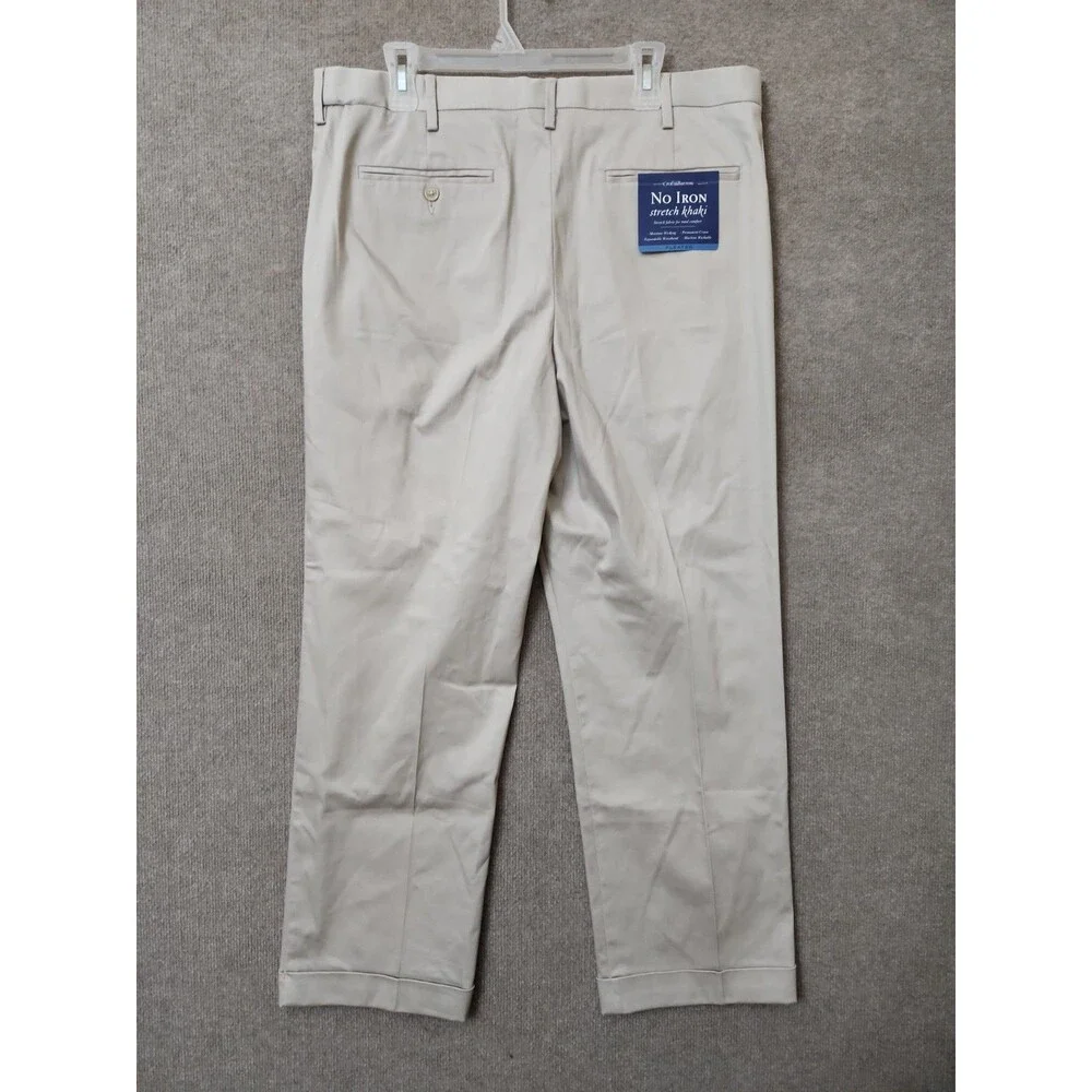 Croft Barrow No Iron Stretch Khaki Pants Men 36x30 Light Gray Pleated Cuffed NEW